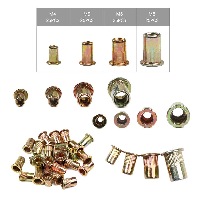 200Pcs Rivet Nut Aluminum Alloy Rivnut Flat Head Threaded Insert Nutserts Cap Rivet Nut Assortment Set for Automotive Furniture: 100pcs golden-bag