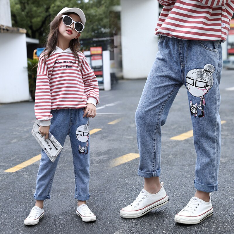 Pantalones vaqueros para niños y niñas de dibujos animados, ropa para bebés, monos de primavera y otoño para niños grandes, pantalones vaqueros azul holgado para adolescentes de algodón 3-13T