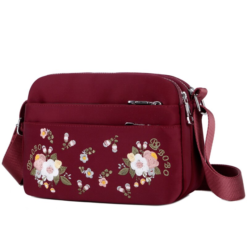 Luxe Bloem Schoudertas Vrouwen Kleine Nylon Tote Top-handvat Reizen Crossbody Tas Borduren Messenger Bags: Rood