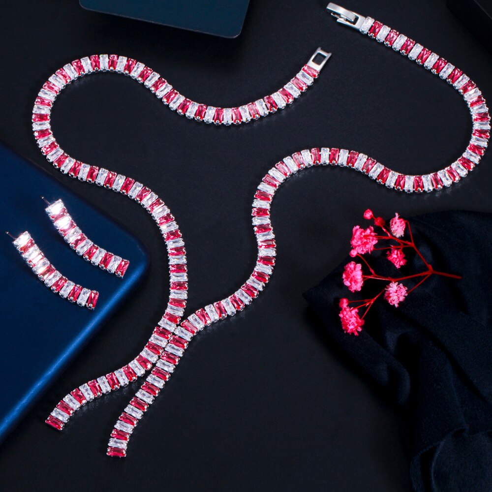 Threegraces Romantische Glanzend Witte Zirconia Vierkante Dangle Oorbellen En Ketting Bruids Bruiloft Sieraden Set Voor Bruiden TZ606: Red