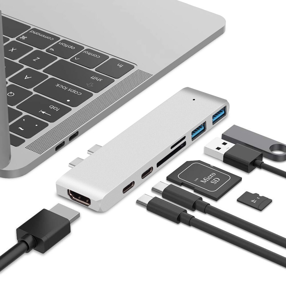 Dual type-c USB C for MacBook pro Laptop Docking Stations to HDMI TF SD card reader HUB docking station 4K Support mac air: Silver Dual Type-c