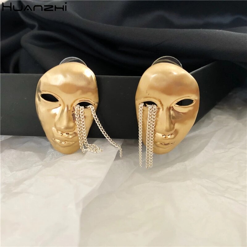 Huanzhi Persoonlijkheid Golden Teardrop Metalen Ketting Draadtrekken Kwasten Menselijk Gezicht Masker Stud Oorbellen Voor Vrouwen Sieraden