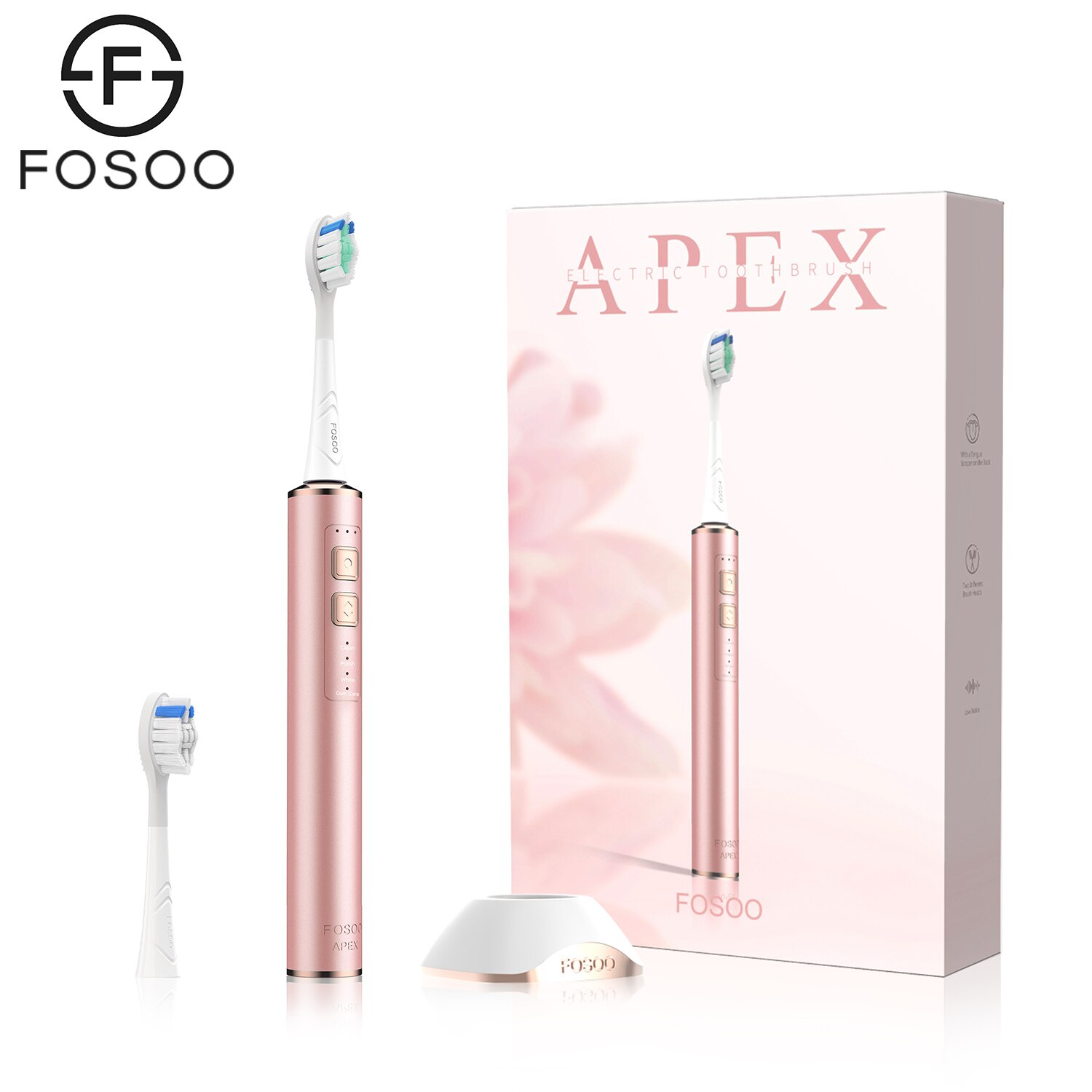 FOSOO – brosse à dents électrique sonique APEX 42000VPM, 2 Min, minuterie intelligente, autonomie de la batterie de 180 jours, 4 Modes de nettoyage, 2 têtes de brosse roses