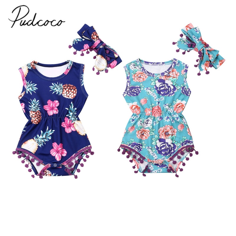 Vêtements d'été pour bébé-né, body pour bébés filles et garçons, bandeau, tenue ananas, sans manches, imprimé Floral, combinaison 2 pièces, tendance