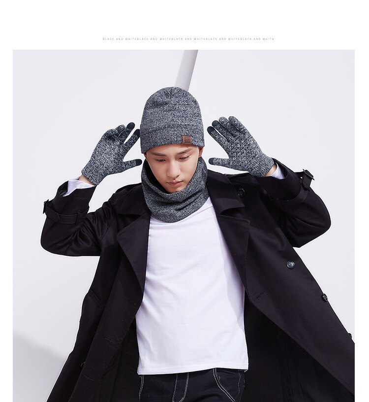 Sett, skjerf, hattemaker, hansker, vinterplysj,, varme, tredelte berøringsskjerm til menn og kvinner: Dtz 01 svart hvit