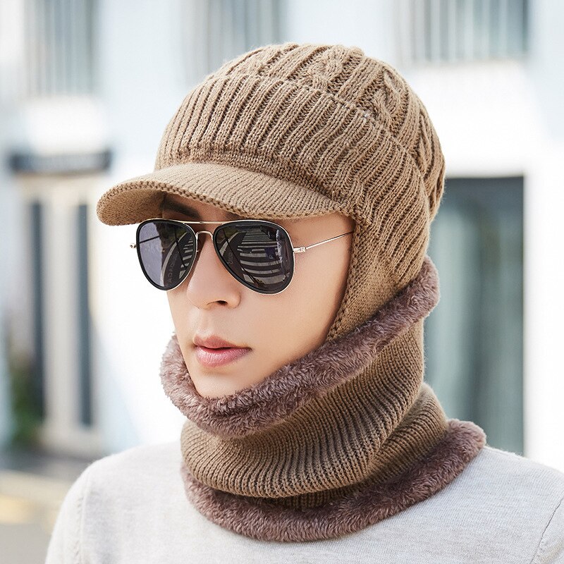 Unisex Mannen Vrouwen Winter Warm Hat Nek Warmer Ambachten Knit Visor Beanie Fleece Gevoerde Ear Flap Cap-Opk: khaki