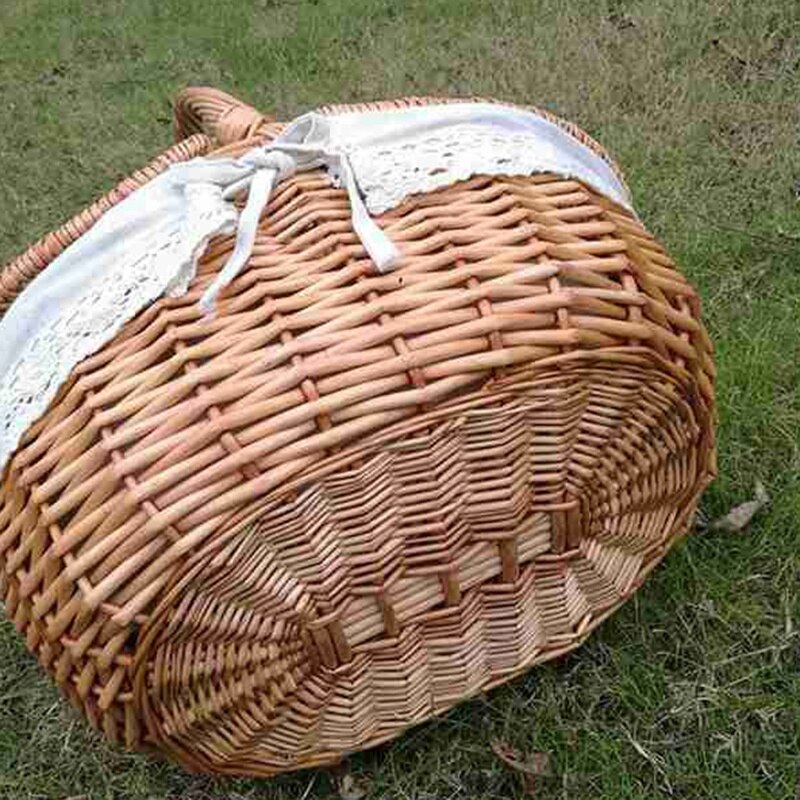 Handmade Wicker Basket with Handle Wicker Camping Picnic Basket with Double Lids Storage Hamper Basket with Cloth Lining-ABUX