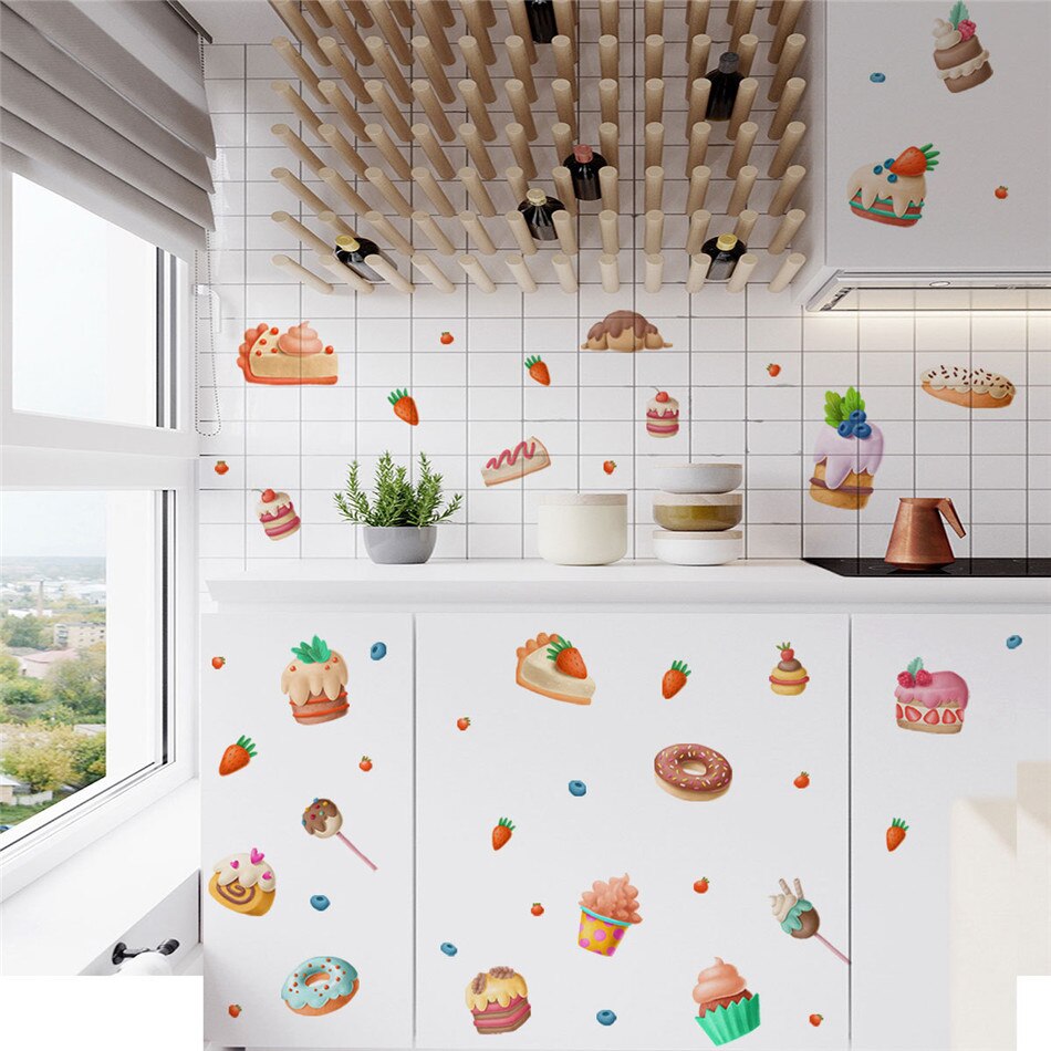 zollor Bread Cake Strawberry Donut Wall Stickers Kitchen Restaurant Window Background Decoration PVC Stickers