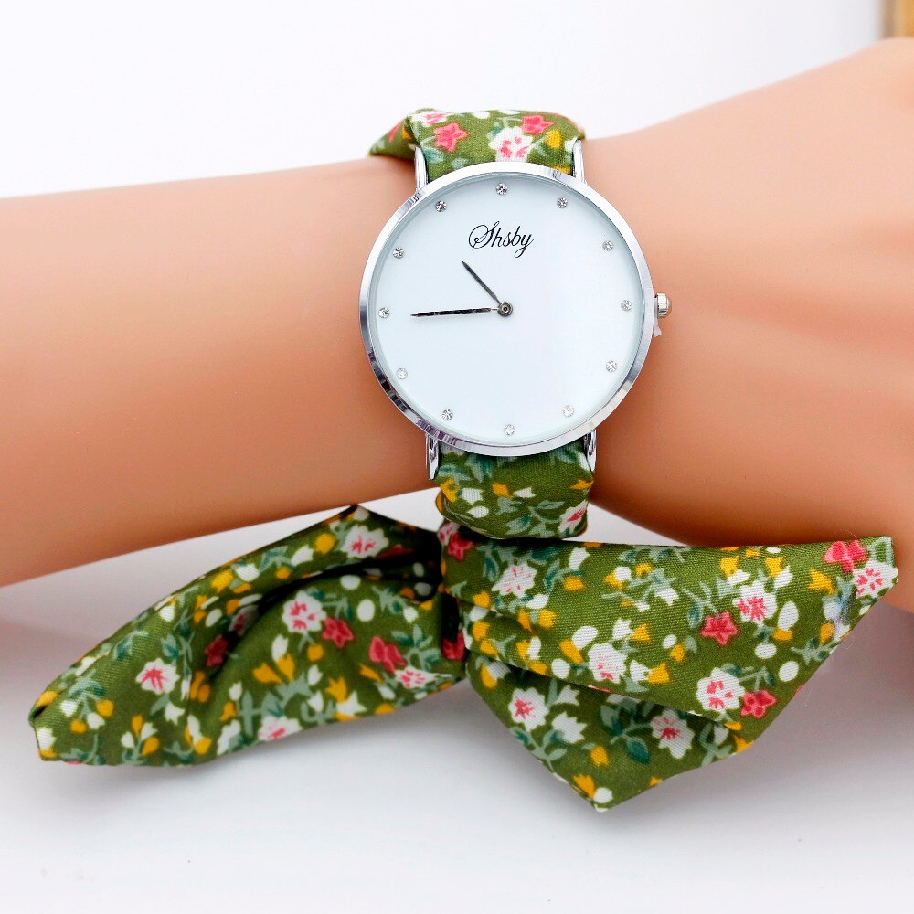 Shsby märke dam blomma tyg armbandsur strass silver kvinnor klänning klocka tyg klocka söt flicka armband klocka