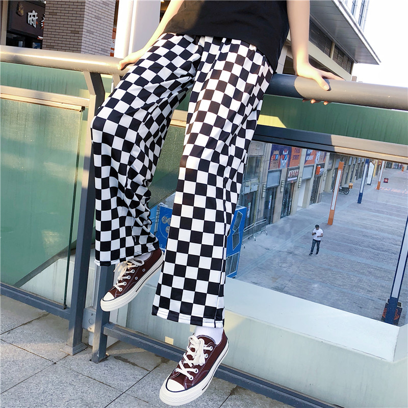 Focal20 Streetwear Plaid Vrouwen Broek Elastische Taille Volledige Lengte Geblokte Zwart-wit Casual Losse Rechte Broek