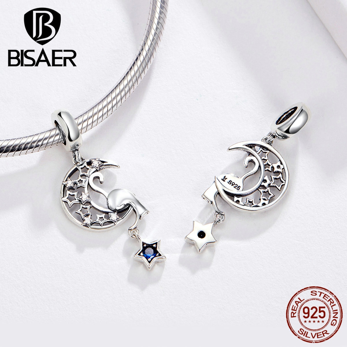 Abalorios BISAER con forma de gato y luna de cuento de Plata de Ley 925 con forma de luna con forma de gato y estrella para pulseras DIY ECC1205