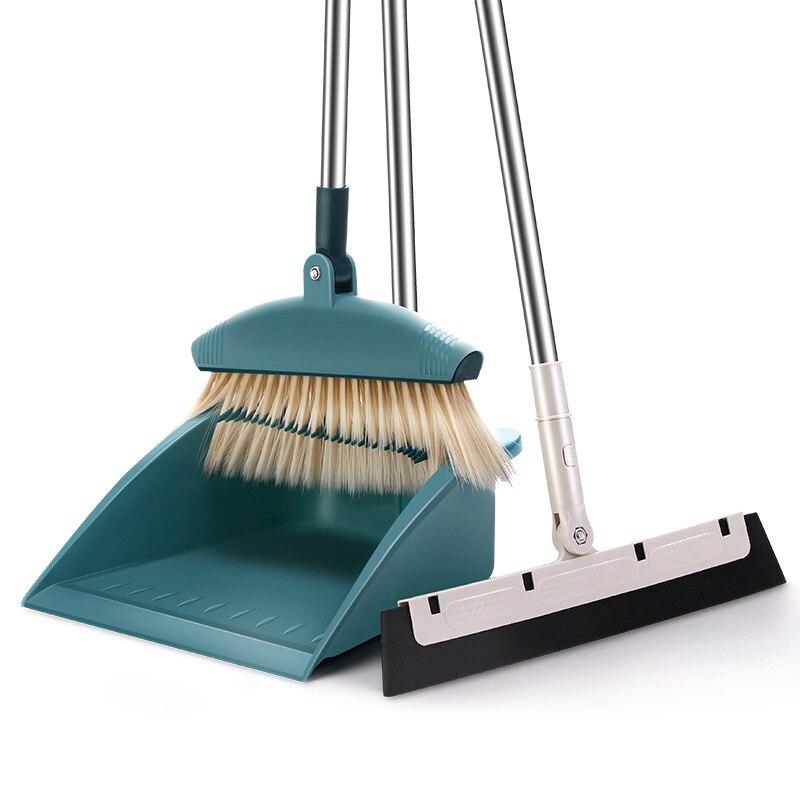 Broom and Dustpan Set Upright Standing Dust Pan With Extendable Broomstick Cleaning Brush Broom Dustpan Set for Home Kitchen: 3pcs set-blue