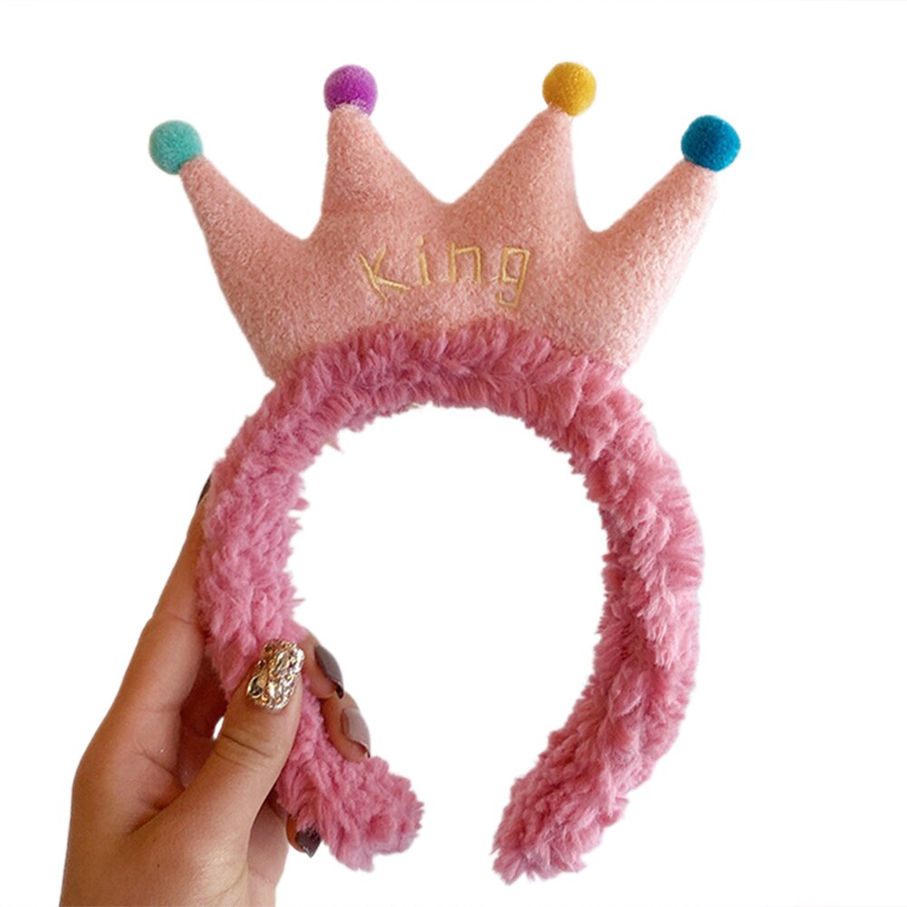 Diadema para de cumpleaños, diadema de felpa para lavado de cara y cabeza, de corona adorable, banda para el pelo adecuada para maquillaje: Rosa