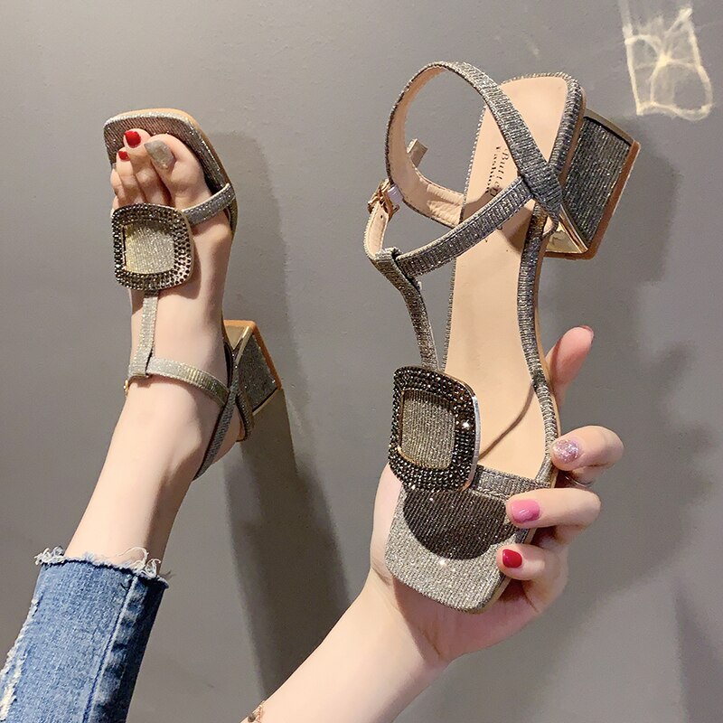 Zomer dames sandalen luxe glanzende strass schoenen meisje blauw hoge dikke hak romeinse schoenen casual avond feest sandalen
