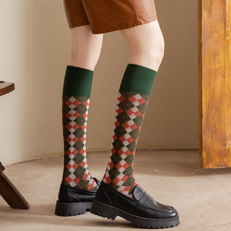 Diamond plaid pattern Green Knee socks women ins Party knee-high stockings Over Knee long ladies girls