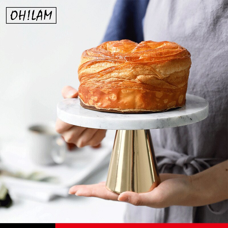 Home Natural Champagne Marble Cake Stand Dessert Fruit Serving Plate Tray on Pedestal Stand-Tea Party Serving Platter