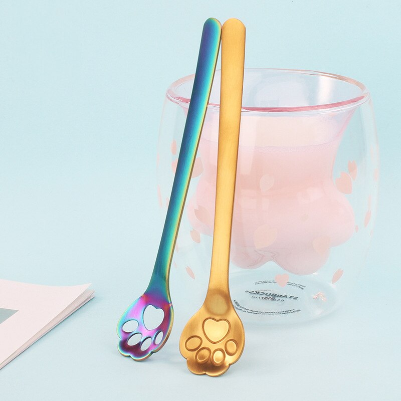 304 Stainless Steel Cat Dog Paw Claw Coffee Tea Milk Spoons Hollow Dessert Spoon Stirring Gold Spoon Cute Kitchen Tools