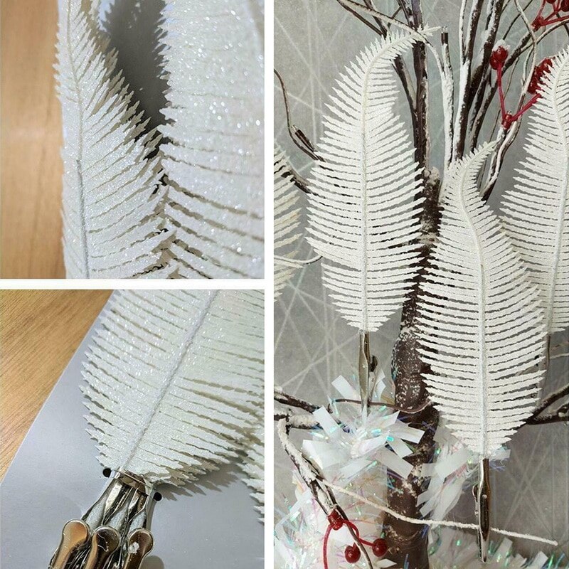 Simulatie Bloem Kerstboom Vaas Decoratie Clip Op Glittery Kerstballen Ornament Veer Bladeren Voor Home Office Decoraties