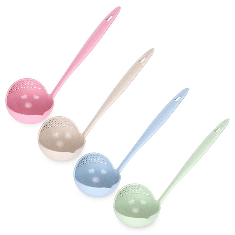 Louche cuillère à soupe en plastique | 2 en 1 à Long manche, passoire de cuisine, cuillère de cuisine, ustensiles de table