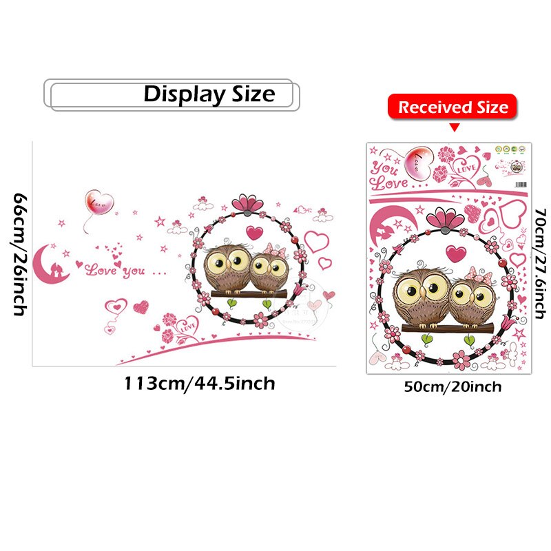 Cartoon Couple Owls Pink Hearts Wall Stickers for Living Room Bedroom Wall Decals Kids Room Decoration PVC removable Stickers