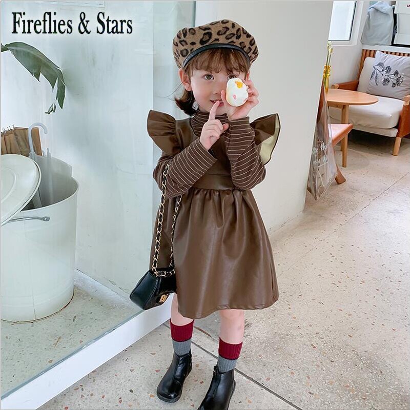 Wiosenna jesienna dziewczęca sukienka na szelkach dziecięca sukienka z PU dla dzieci dziecięca spódnica z dzianiny faux Skórzany ruched latający rękaw od 1 robić 7 lat