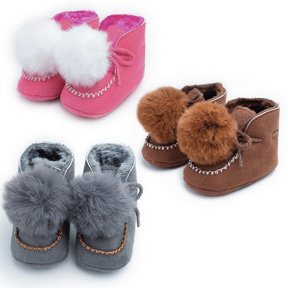 Mooie Pompon Baby Laarzen Effen Kleur Lace-Up Thicken Coral Fleece Peuter Antislip Prewalker Winter Warm Sneeuw schoenen