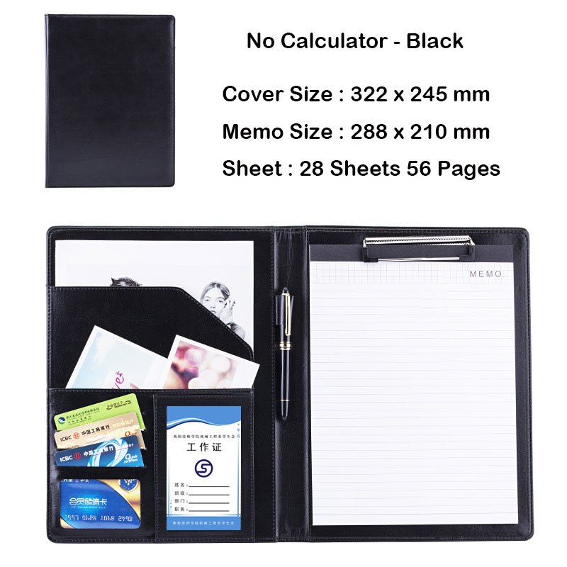 Classeur en cuir PU A4 avec calculatrice, multifonction, fournitures de bureau, organisateur, gestionnaire de tampons d&#39;écriture, porte-documents, sacs Padfolio: A black