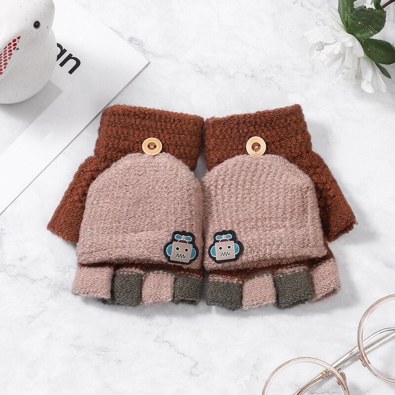 5-12 Years Winter Kids Warm Gloves Children Knitted Stretch Mittens Boy Girl Patchwork Elastic Fingerless Children Winter Gloves: Khaki