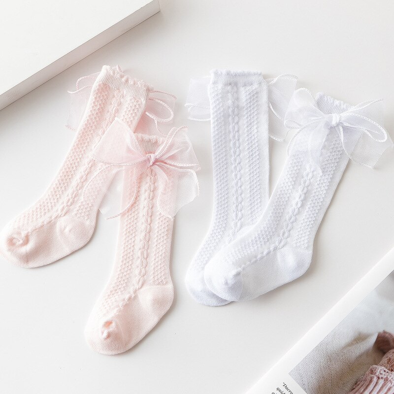 Kant Boog Baby Meisje Sokken Lente Zomer Baby Peuter Knie Sokken Kousen Zachte Katoen Kinderen Lange Sokken Baby Accessoires 0-1Y