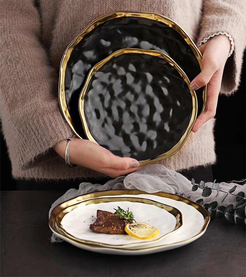 Ceramic Dinner Plate Gold Inlay Snack Dishes Luxury Gold Edges Plate Dinnerware Kitchen Plate Black White Tray TablEware Set
