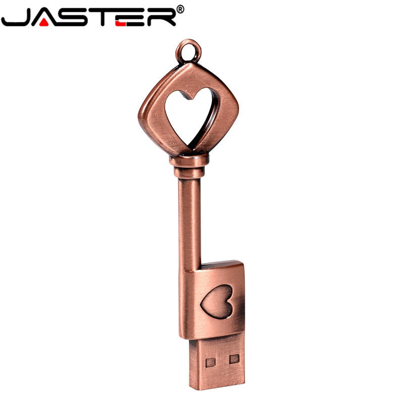 JASTER copper love heart shaped key flash drive USB 2.0 pen drive 4gb 8gb 16gb 32gb 64GB metal keys memory Stick wedding