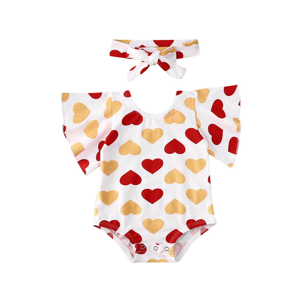 Nyfödd baby flicka alla hjärtans dag kläder älskar hjärtat tryck ruffles ärm jumpsuit pannband: Guld- / 18m