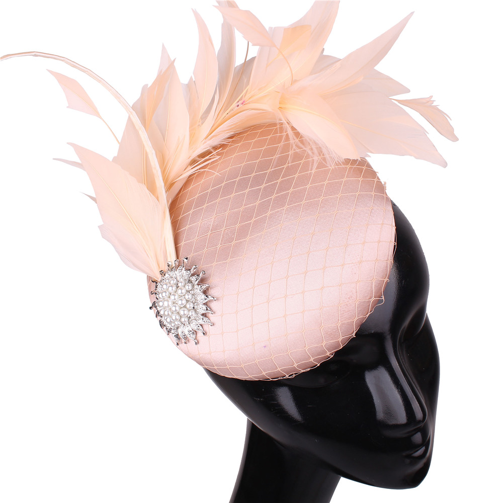 Nice Magenta Satin Hair Fascinator Hat Evening Party Formal Church Ladies Millinery Hat Bridal Wedding Headpieces With Feathers: APRICOT