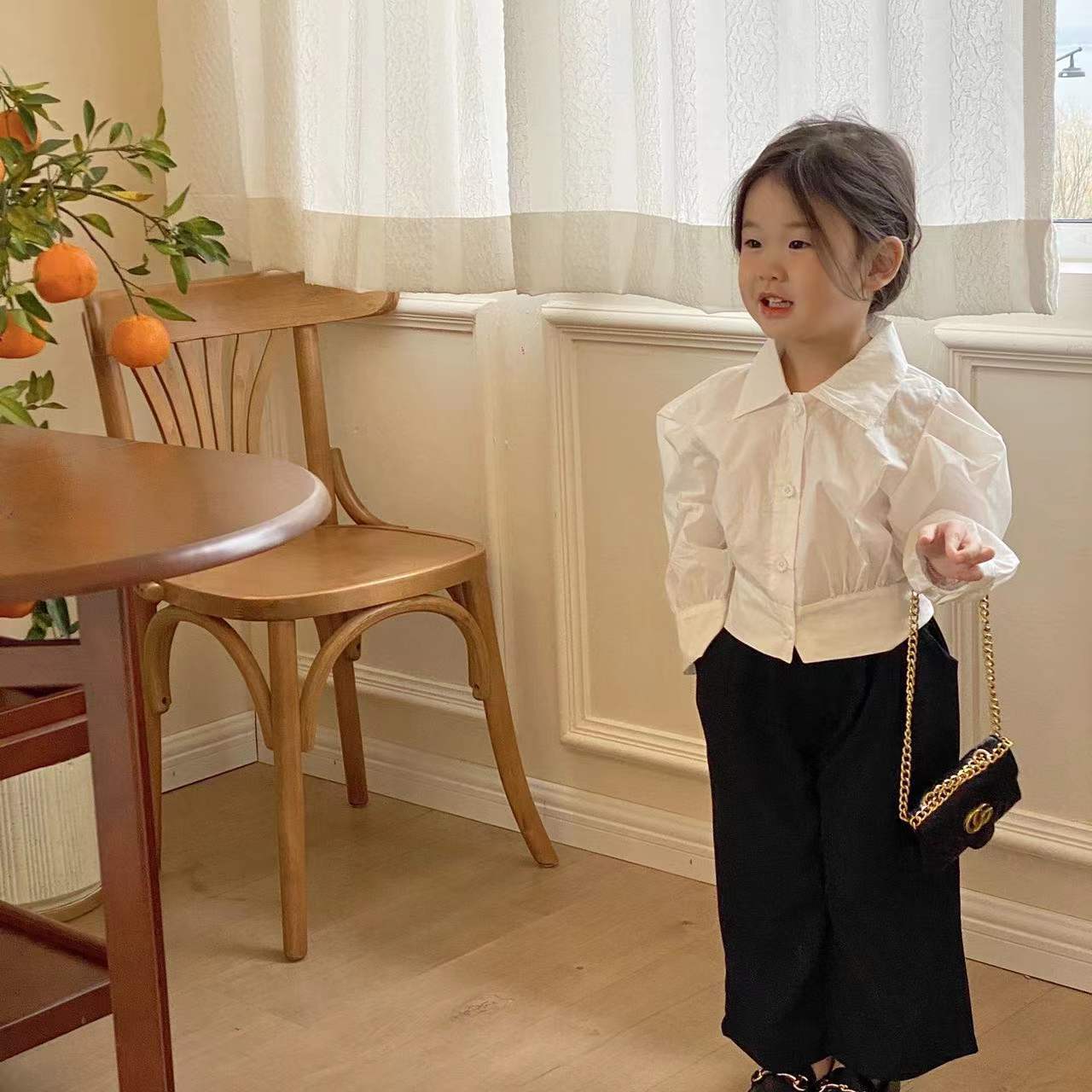 2022 Koreaanse Lente Kinderen Overhemd Kinderen Korte Shirt Girls Bubble Mouw Revers Shirt