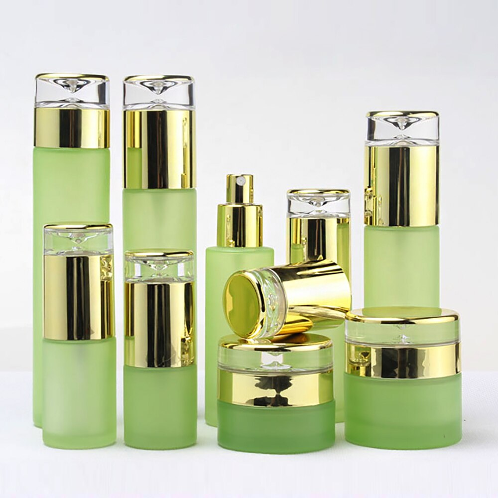 60ml flacons de lotion en verre cosmétique de luxe verts emballage cosmétique avec bouchon en plastique doré vide 30ml flacons pulvérisateurs en verre