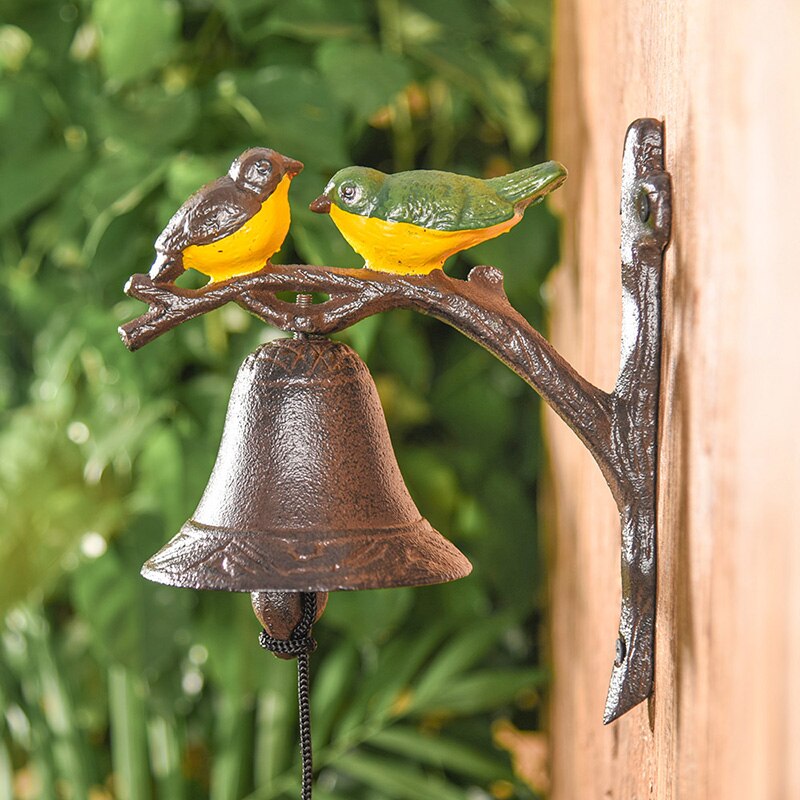 Sungmor Heavy Duty Cast Iron Wall Bell - Decorative Hand-painted Lovely Birds Hand Bell - Manually Shaking Wall Hanging Doorbell