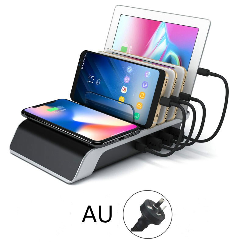 Wireless Fast Charger Stand 45W 4 Ports USB Charger HUB EU Charging Station 5-in-1 Universal Charger Dock Holder AU UK US Charge: AU