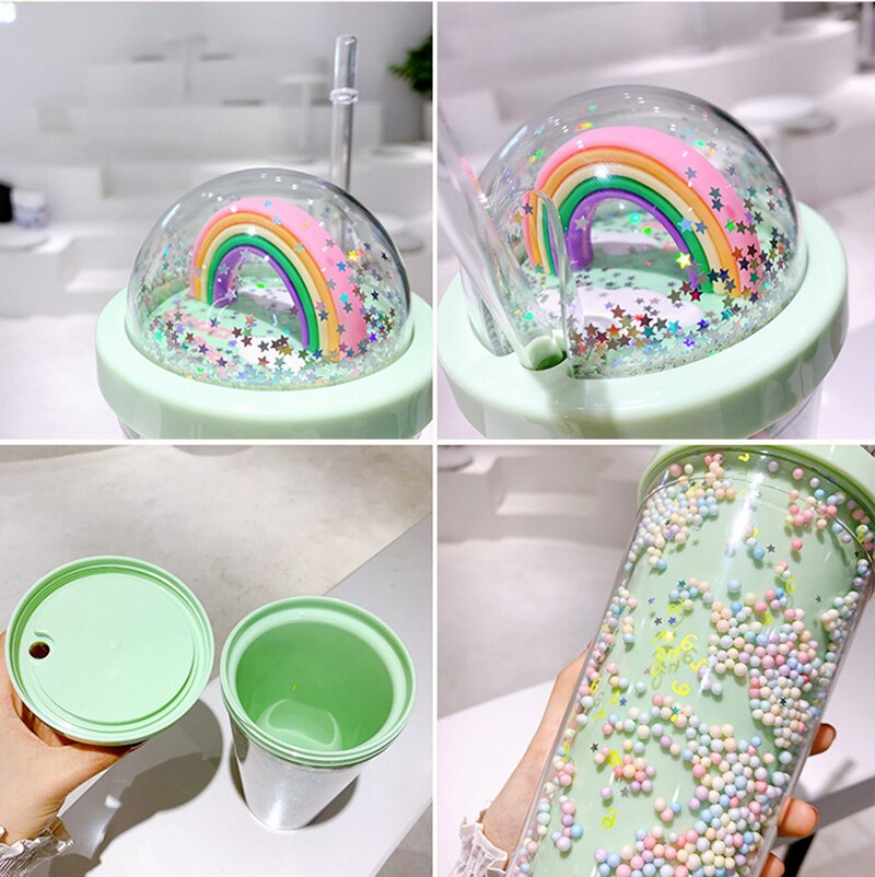 550ml Kawaii Cute Drinkware Rainbow Foam Straw Cup Girl Home Office Water Bottle Plastic Double Layer With Straw Girl