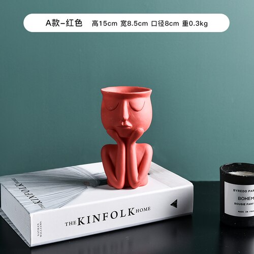 Luksus karakter portræt urtepotte skulptur nordisk ansigt potter arrangementer hjem skrivebord vase stue dekoration: A-rød
