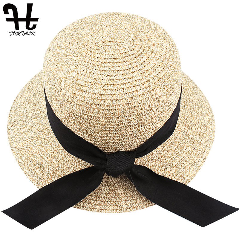 FURTALK Sun Hat for Women Summer Panama Hat Female UV Protection Floppy Beach Straw Hat Ladies Wide Brim Travel Sun Bucket Cap: Mixed beige / M