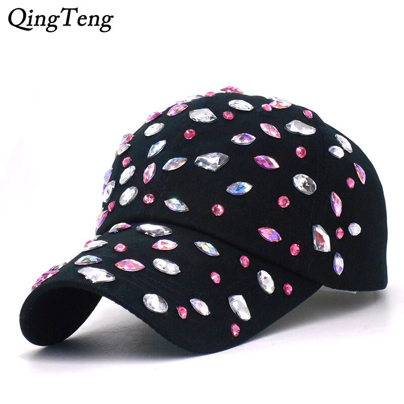 Bling Onda di Acqua Delle Signore Del Rhinestone Nero Cappellini Da Baseball Denim Casual Cappello Per La Primavera Berretto di Cotone Regolabile Femminile Cappelli di Diamante