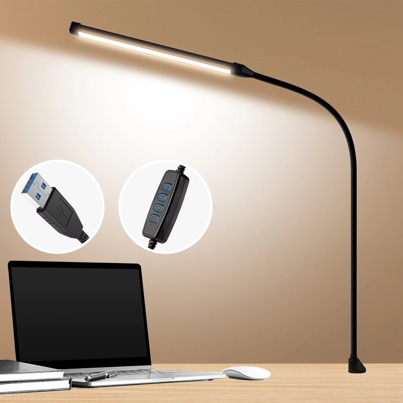 Metalen LED-bureaulamp met klem Oogverzorgend clip-on licht 3 modi 10 instelbare helderheid Lange flexibele zwanenhals voor thuiskantoor: Beige