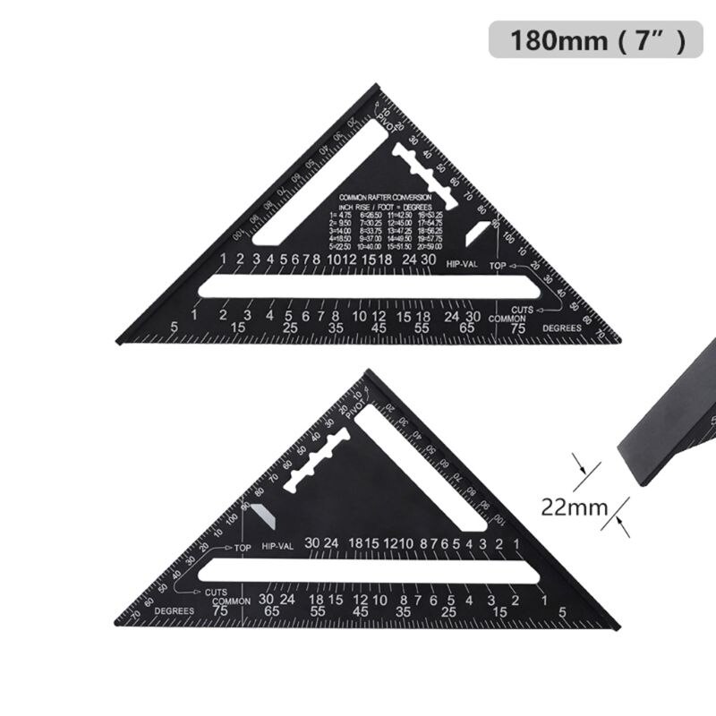 Triangle Ruler 7/12 inch Metric Aluminum Alloy Triangular Measuring Ruler Woodwork Speed Square Triangle Angle Protractor