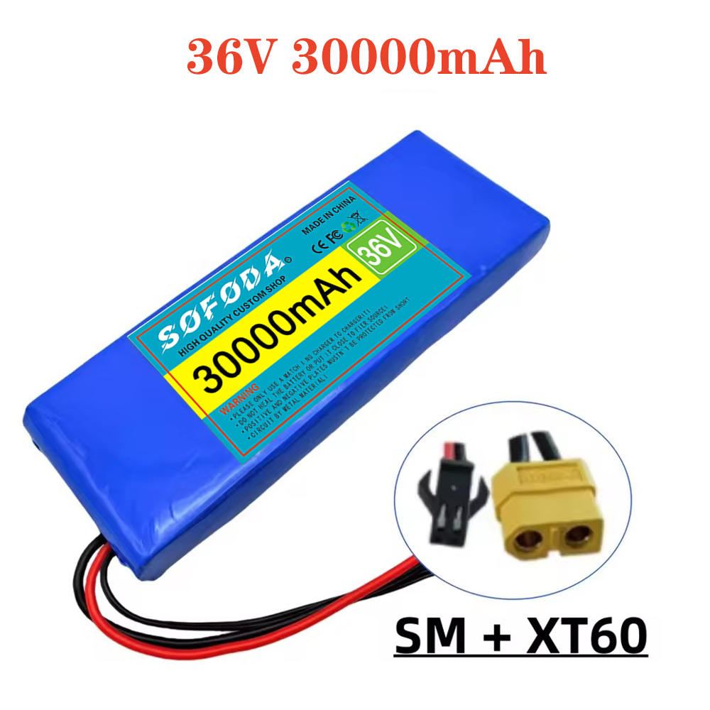 Große Kapazität 36 V 30000 mAh 10S1P 18650 Lithium-Ionen-Akku 30 Ah, mit BMS 500 W, ausgestattet mit 42 V 2 A Ladegerät: WEISS