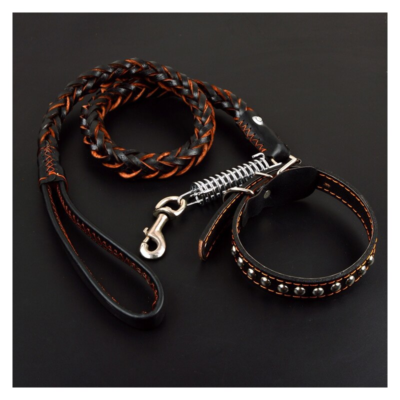Dog Collar Spring Leather Leash Small Medium Large Dog Accessories Lead For Training Control Handle Strength Go Street Walking: black-brown / 3.5cm 35KG-65KG