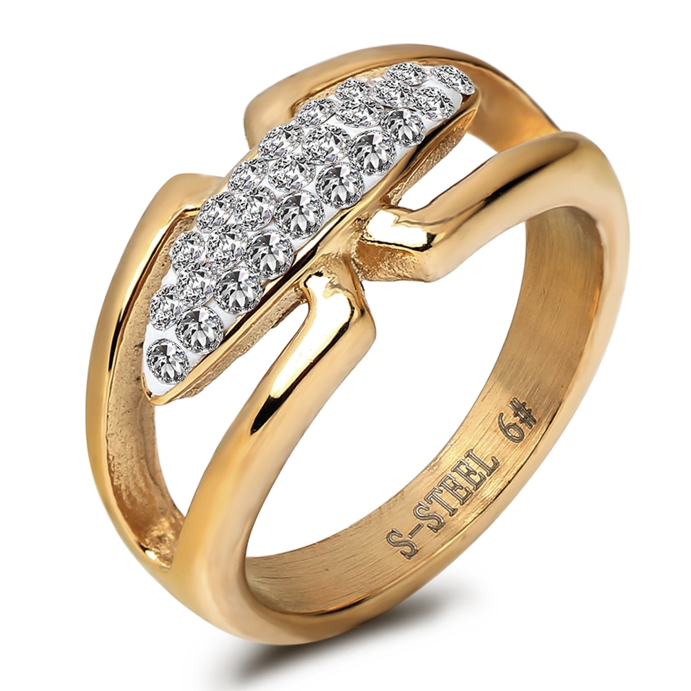Anel de dedo de aço inoxidável de alta qualidade da cor do ouro com anel de noivado cristal jóias de casamento para as mulheres anel anel