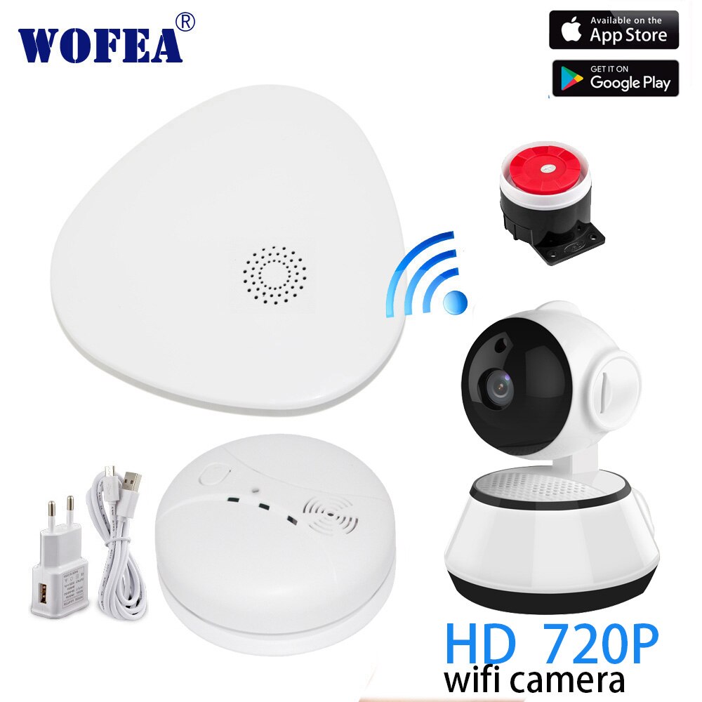 Wofea smart wifi sikkerhedsalarmsystem wifi gateway røgalarm med video kamera system app kontrol sms og telefonopkaldsmeddelelse: Sæt 2