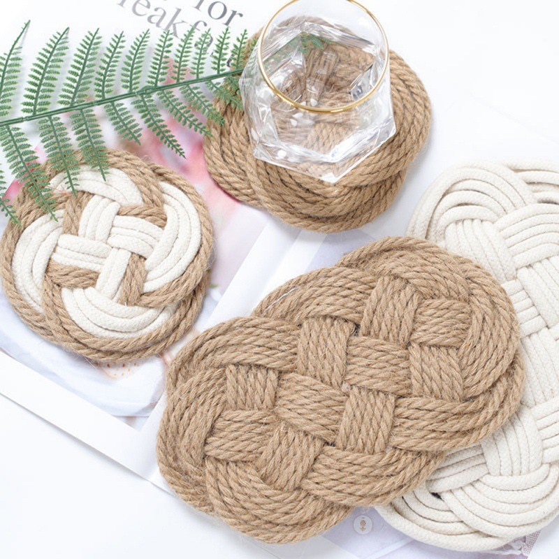 Handmade Woven Cotton Thread Jute Table Mat Non-Slip Dining Table Placemat Rattan Insulation Cup Coaster Home Dinner Decoration