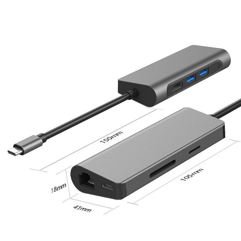 Usb c hub , 6- i -1 usb c adapter ,4k usb c til hdmi , 100w strøm, microsd/sd kortleser, (grå)