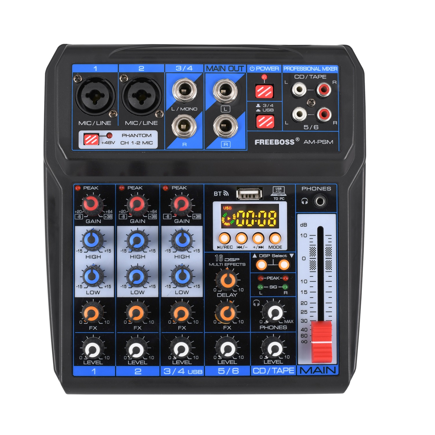 Freeboss AM-PSM DC 5V Bluetooth USB Computer Record Sound Card 6 Channel 2 Mono 2 Stereo 16 Effects Audio Mixer